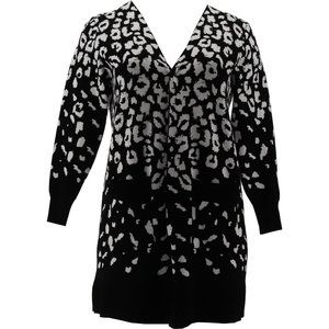 Nina Leonard Jacquard Open-Front Heavy Cardigan Pockets BLACK/IVORY Large NWOT